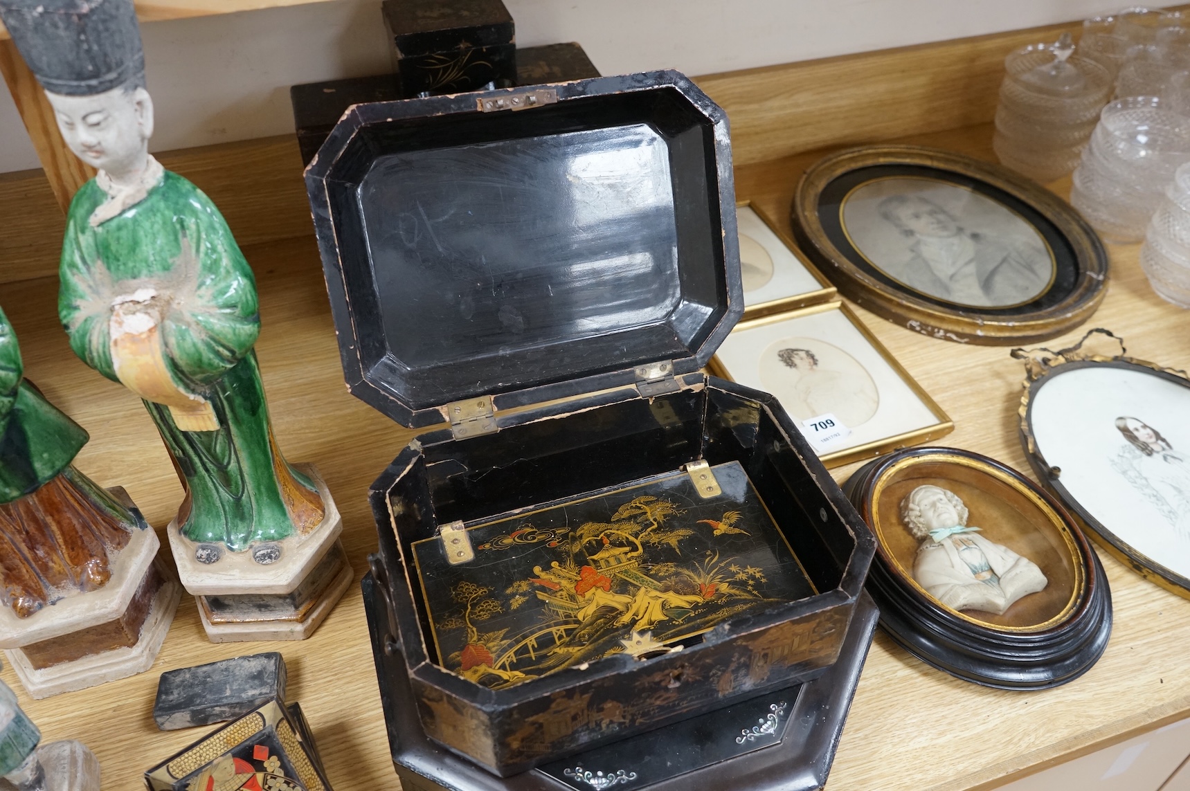 A group of 19th/20th century Chinese lacquer boxes, the largest 34cm wide